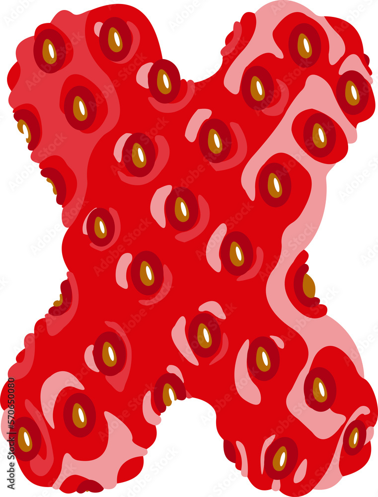 Poster strawberry font. letter x. alphabetical character with strawberry texture. character representing on