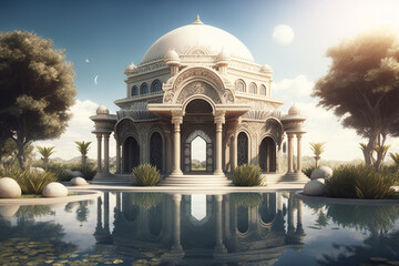 realistic image heavenly palace of God with garden in the background and a bright sun and crystalline waters and many animals and happy people realistic, Generative AI