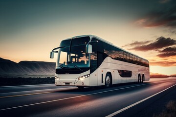 Intercity bus rides on a highway.  - obrazy, fototapety, plakaty