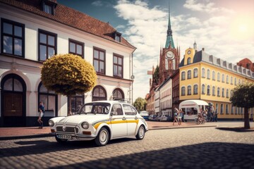 Fototapeta na wymiar Vintage taxi car on the street of a European city