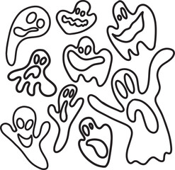 Ghost silhouette set, Halloween ghost collection, black on a white background, vector illustration, doodle style, line illustrations