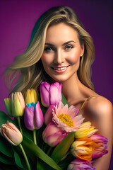 A good-looking woman holding a bouquet of flowers, smiling and excited. Ideal for Mother's Day, posters, flyers, skincare brand. generative ai