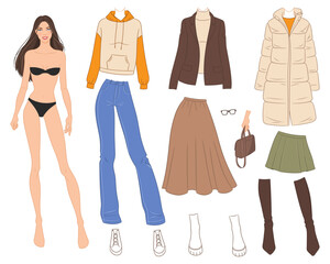 Vector illustration of a beautiful dress-up doll with stylish fashion clothes, jeans pants, jackets, a dress, sneakers, and boots. Five combinations of fall clothing. Female Fashion creator.