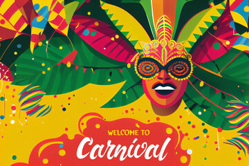 Plakat Brazil Carnival Latin Man Wear Bright Costume Traditional Rio Party Flat Bright Illustration with Place for Text. Banner, Flyer or Poster Template. Generative Ai.
