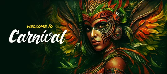Wall murals Carnival Brazil Carnival Latin Woman Wear Bright Costume Traditional Rio Party Flat Bright Illustration with Place for Text. Banner, Flyer or Poster Template. Generative Ai.