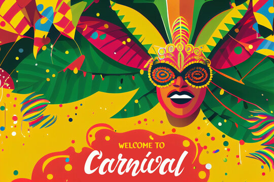 Brazil Carnival Latin Man Wear Bright Costume Traditional Rio Party Flat Bright Illustration with Place for Text. Banner, Flyer or Poster Template. Generative Ai.