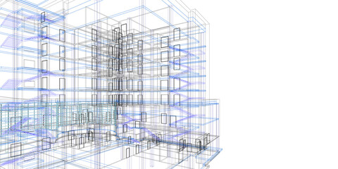 Abstract 3D building wireframe structure. Architecture background.