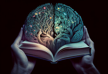 Creative and Thought-Provoking Conceptual Image of Hands Holding a Book with a Brain Full of Ideas and Knowledge, Generated by AI