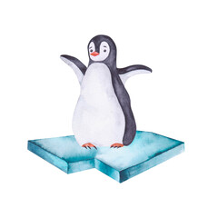 Penguin on ice floe watercolor illustration isolated on white background. Northern sea element. Hand and drawn clipart for stickers, baby shower, cards, clothes, fabrics.