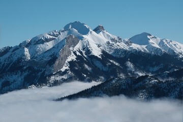 Panorama from rocky peak Gesia Szyja (Gooseneck) in Tatra Mountains in winter scenery. One of the...