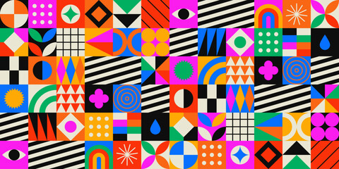 Colorful geometric mosaic seamless pattern illustration with creative abstract shapes. Modern scandinavian style background print. Trendy bright symbols and minimalist shape texture, geometry collage.