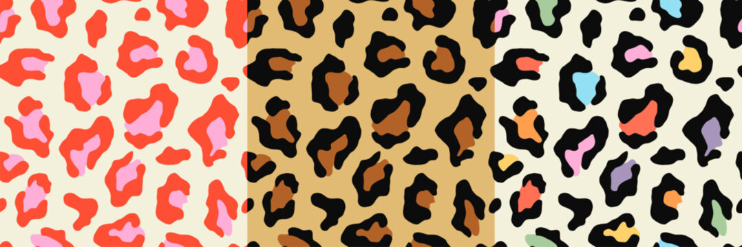 Animal print seamless pattern illustration set. Colorful leopard skin texture background. Diverse wild africa safari backdrop collection, fun fashion fabric design.	