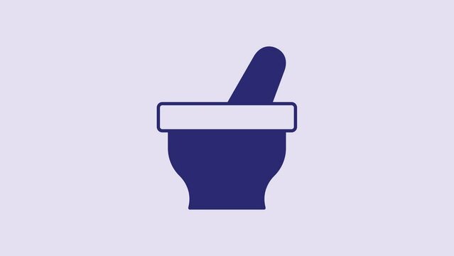 Blue Mortar and pestle icon isolated on purple background. 4K Video motion graphic animation