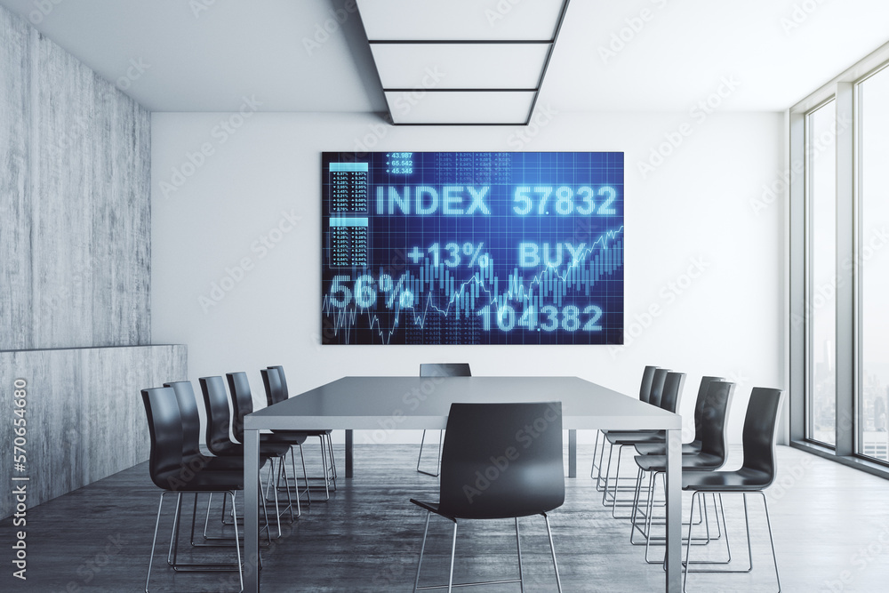 Poster abstract financial graph on tv display in a modern presentation room, finance and trading concept. 3