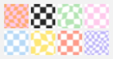 Colorful blurred checker board square seamless pattern set. Collection of trendy checkered pastel square background in vintage psychedelic y2k style. Defocused soft color gradient wallpaper print.