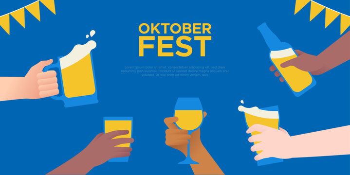 Oktoberfest party event illustration template of friends drinking beer and wine drink together. Diverse people hands holding glass for german celebration invitation or web background.
