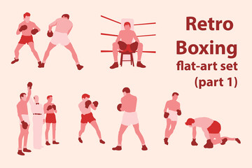 60s, body, boxing, boxing gloves, clinch, corner, fall, fight, fighting stance, flat, flat art, flat people, glove, health, hook, illustration, jab, knockdown, knockout, male, man, referee, rsport