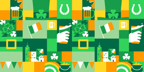 St. Patrick's Day mosaic seamless pattern illustration. Fun Ireland culture party background print. Green cartoon holiday backdrop texture, irish wallpaper design.	