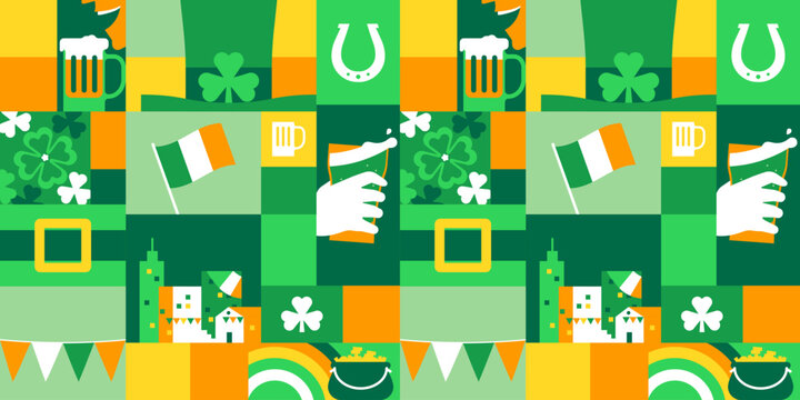 St. Patrick's Day mosaic seamless pattern illustration. Fun Ireland culture party background print. Green cartoon holiday backdrop texture, irish wallpaper design.	