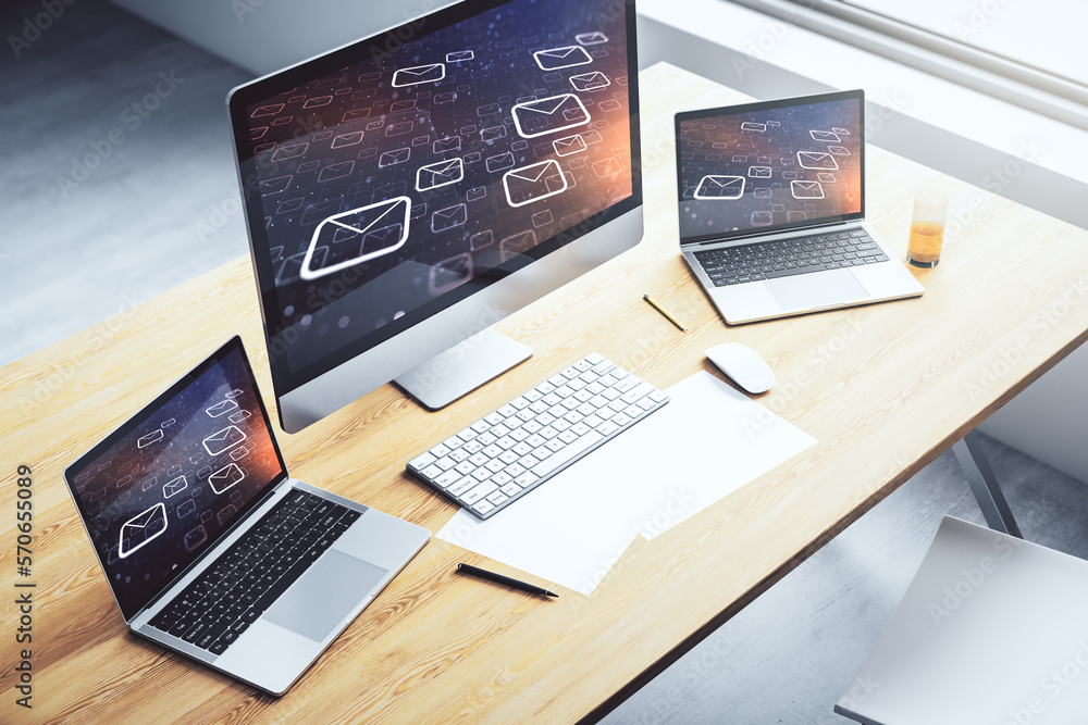 Poster Creative abstract postal envelopes hologram on modern computer monitor, email and notification concept. 3D Rendering