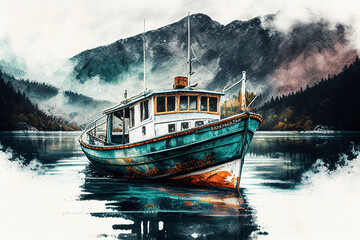 Stunning and Serene Watercolor Art Photo Featuring a Boat, Created with the Help of Generative AI