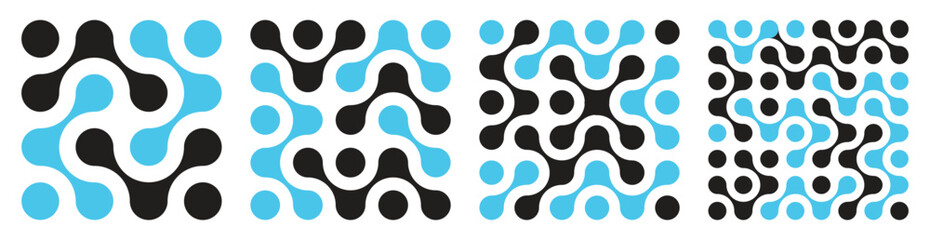 Abstract metaballs black blue pattern in various size and random connection on white background. Vector illustration.