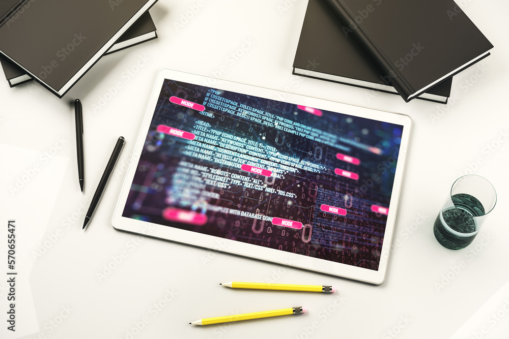 Leinwandbilder top view of modern digital tablet monitor with abstract programming language hologram, artificial in