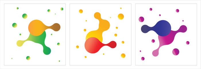 Set of 3 dual gradient colours abstract metaball pattern on white background. Vector illustration. 