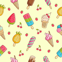 Seamless vector pattern with colorful ice cream and berries