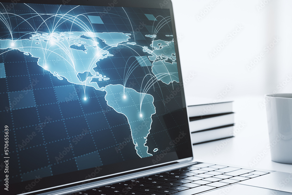 Aufkleber abstract digital world map with connections on modern computer monitor, big data and blockchain conc