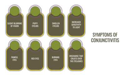 SYMPTOMS OF conjunctivitis. Vector illustration for medical journal or brochure.