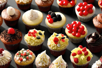 Lots of cupcakes with berries. AI generative.