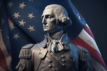 Gypsum statue of George Washington ,american flag on the background,Generative ai - obrazy, fototapety, plakaty