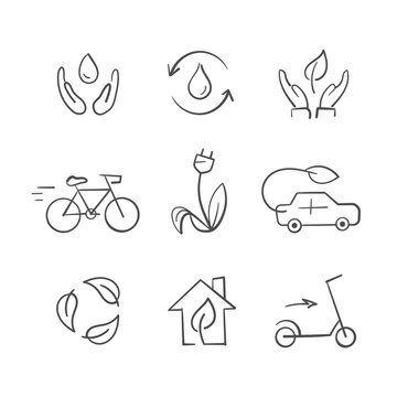 Collection of hand-drawn and doodle vector icons and pictogram, illustration about environment, nature and transportation