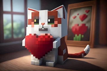 Gordijnen Cute kitten holding a heart in the style of minecraft © lee