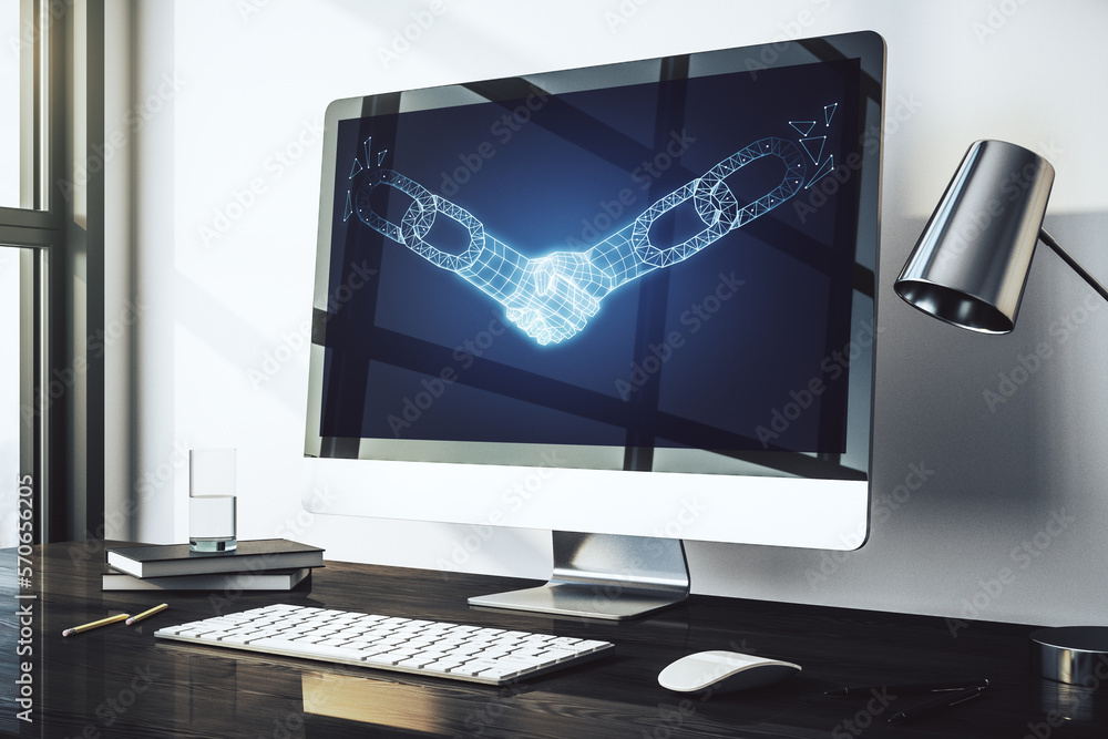 Poster creative concept of blockchain technology with handshake on modern laptop screen. digital money tran