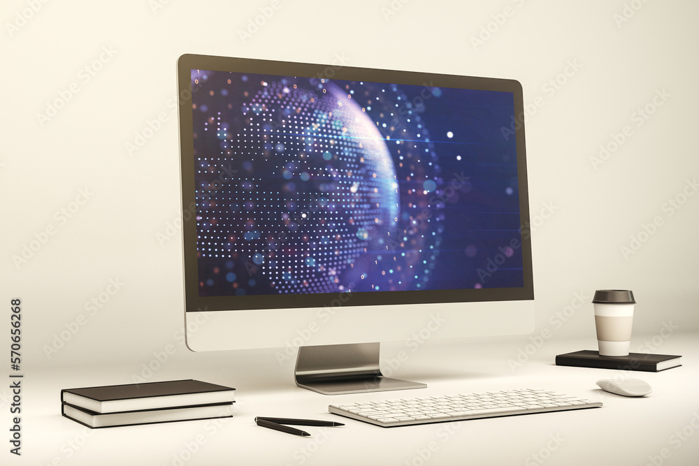 Aufkleber Modern computer screen with abstract creative digital world map, research and analytics concept. 3D Rendering