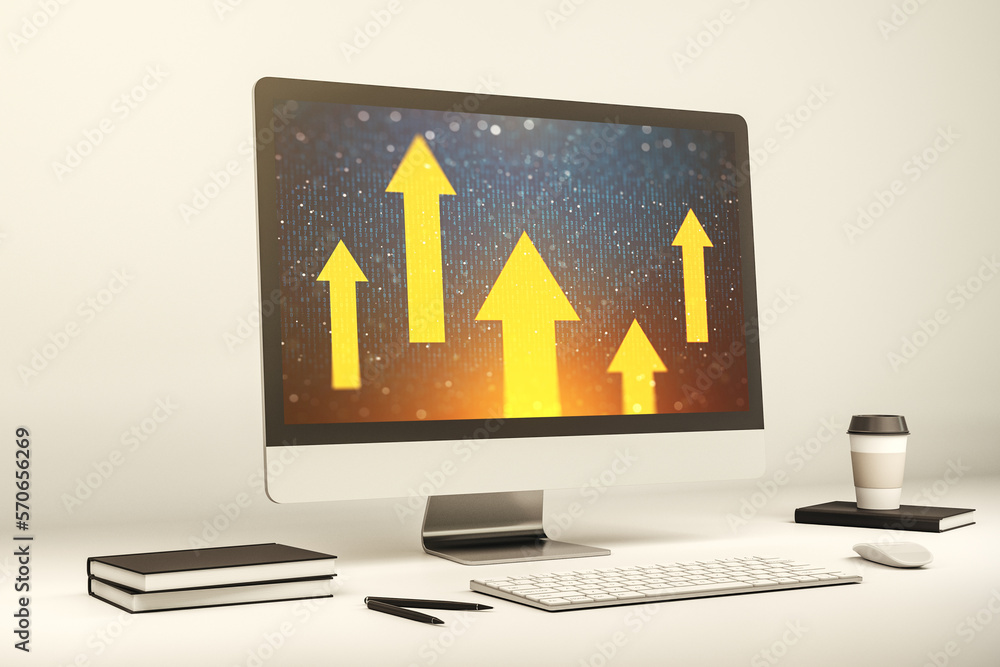 Poster modern computer monitor with creative abstract upward arrows hologram. ambition and challenge concep