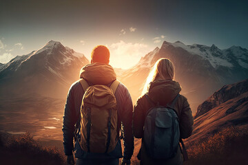 Couple against mountain background. Illustration Generative AI