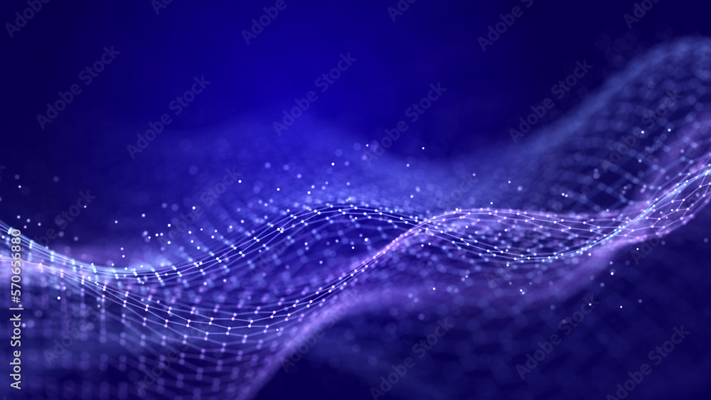 Poster abstract digital data background. wave with moving dots. musical stream of sounds. 3d rendering.