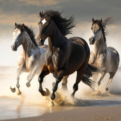 Naklejka na ściany i meble Wild horses running on a beach. Ai generated