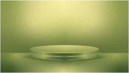 3d abstract advertising mockup with round podium for product presentation. Realistic design of circle pedestal in fresh green nature color. Cosmetic showcase. Vector illustration.