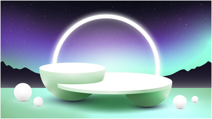 3d podium realistic advertising mockup for product showcase. Circle neon platform, stage for presentation in blue colors, northern light style. Vector illustration.