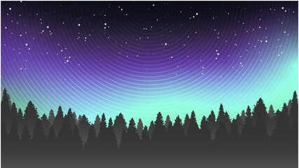 Northern light landscape. Dark forest silhouette on the background of north starry sky. Astro nordic abstract design. Vector illustration.