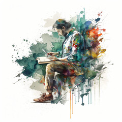 a writer writing on a notebook watercolor painting isolated on a white background Generative Ai - obrazy, fototapety, plakaty
