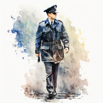 a police officer with full uniform on patrol watercolor painting isolated on a white background Generative Ai
