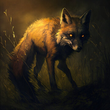 A rabid fox in the woods with red eyes	
