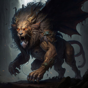 illustration concept art of a fierce manticore monster on the battlefield in the style of fantasy dungeons and dragons Generative Ai