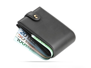 Purse or wallet with money euro bills isolated on white. - obrazy, fototapety, plakaty