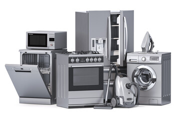 Home appliances. Household kitchen technics isolated on white background. Fridge, dishwasher, gas cooker, microwave oven, washing machine vacuum cleaner air conditioneer and iron.
